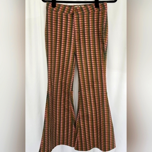 🆕️ Free People Gingham Print Flare Jeans Size 28 Raw Hem High Rise NWOT